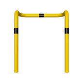 Gele en zwarte stalen kolombeschermer, Ø76 mm, met 2x 90° hoeken, voor betonverankering, 1000x1150mm.