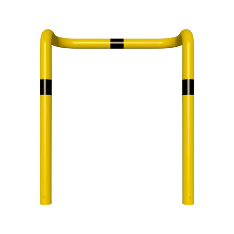 Gele en zwarte stalen kolombeschermer, Ø76 mm, met 2x 90° hoeken, voor betonverankering, 1000x1150mm.