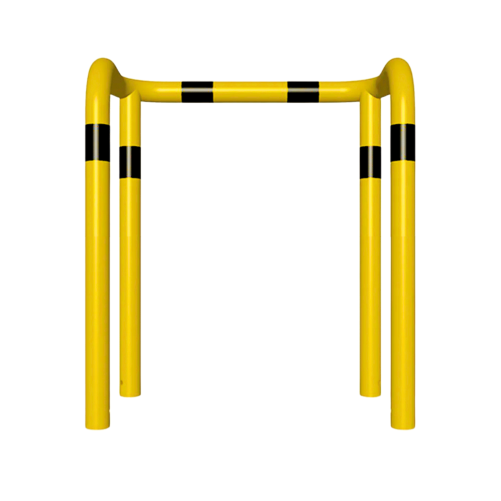 Kolombeschermer Ø76 mm | 2x hoek 90° | Geel-zwart | Voor verankering in beton