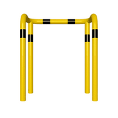 Gele kolombeschermer Ø76 mm met zwarte strepen, 2x 90° hoek, voor betonverankering, 1000x1150 mm.