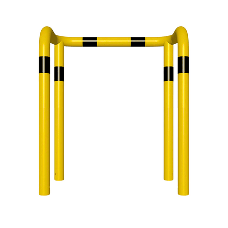 Gele kolombeschermer Ø76 mm met zwarte strepen, 2x 90° hoek, voor betonverankering, 1000x1150 mm.