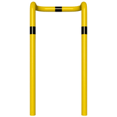Gele en zwarte kolombeschermer Ø76 mm met 2x 90° hoeken, voor verankering in beton.