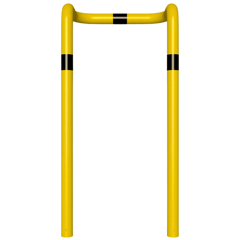 Gele en zwarte kolombeschermer Ø76 mm met 2x 90° hoeken, voor verankering in beton.