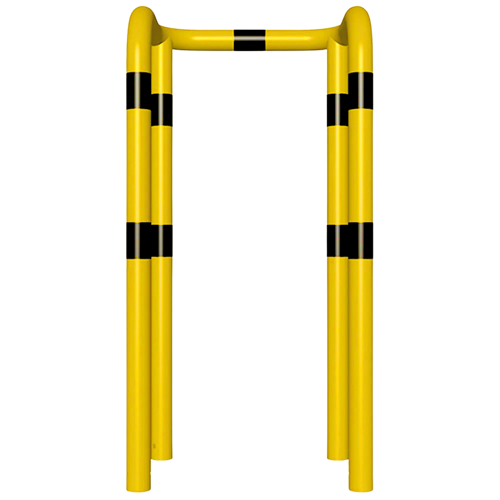 Kolombeschermer Ø76 mm | 2x hoek 90° | Geel-zwart | Voor verankering in beton