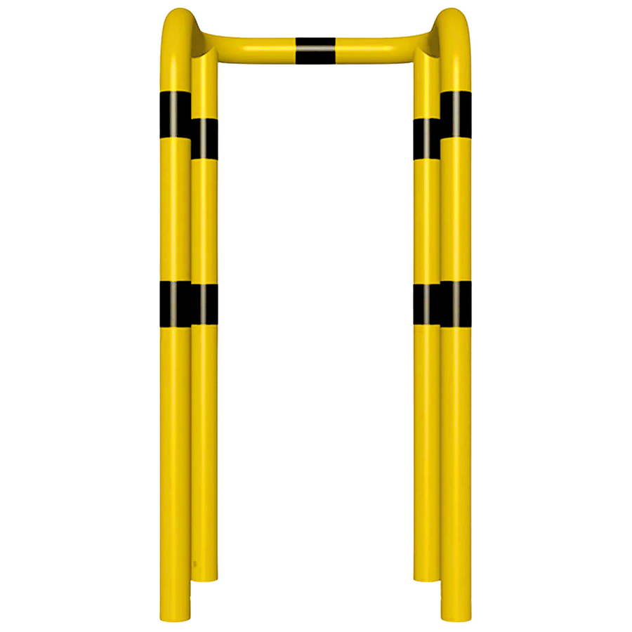 Kolombeschermer Ø76 mm | 2x hoek 90° | Geel-zwart | Voor verankering in beton