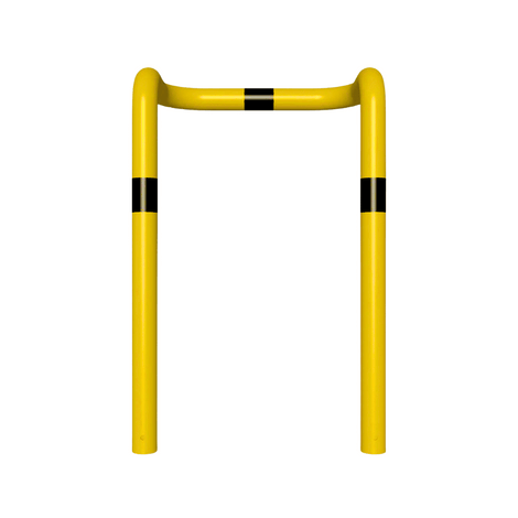 Gele en zwarte kolombeschermer Ø76 mm met 2x 90° hoeken, voor verankering in beton.