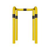 Gele kolombeschermer Ø76 mm met zwarte markeringen, 2x 90° hoek, voor betonverankering.