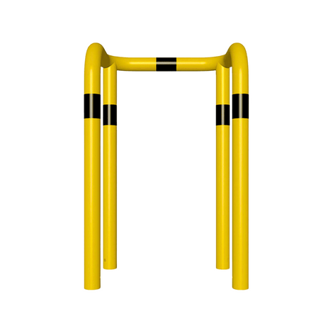 Gele kolombeschermer Ø76 mm met zwarte markeringen, 2x 90° hoek, voor betonverankering.