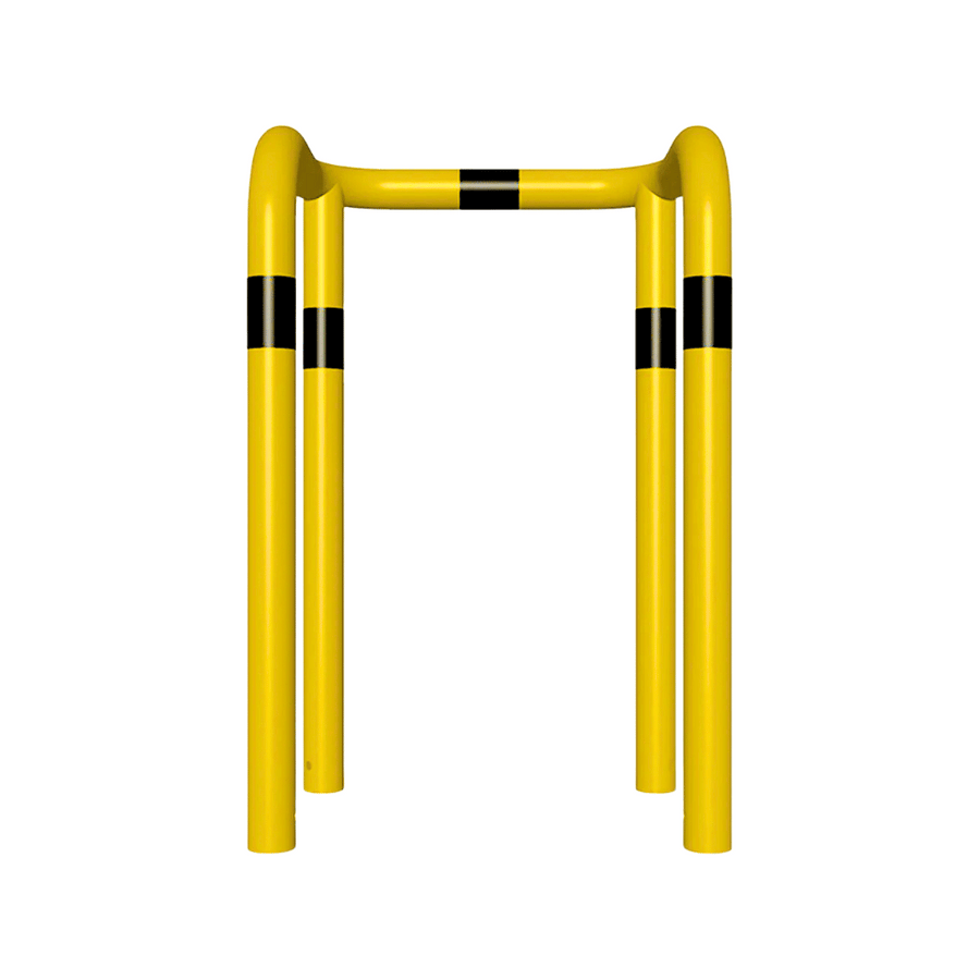 Kolombeschermer Ø76 mm | 2x hoek 90° | Geel-zwart | Voor verankering in beton