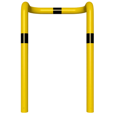 Gele stalen kolombeschermer Ø76 mm met zwarte markeringen, 2x 90° hoek, voor betonverankering.