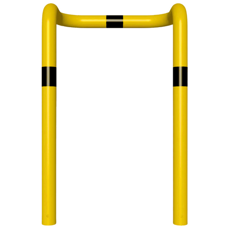 Gele stalen kolombeschermer Ø76 mm met zwarte markeringen, 2x 90° hoek, voor betonverankering.