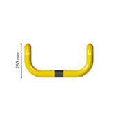 Gele kolombeschermer Ø76 mm met 2x 90° hoek en zwarte band, 260 mm hoog, voor betonverankering.