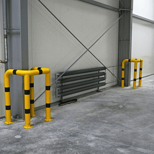 Kolombeschermer Ø76 mm | 2x hoek 90° | Geel-zwart | Voor verankering in beton