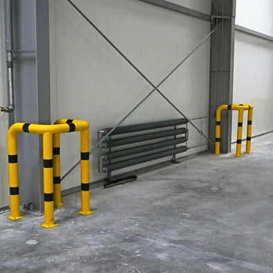 Kolombeschermer Ø76 mm | 2x hoek 90° | Geel-zwart | Voor verankering in beton