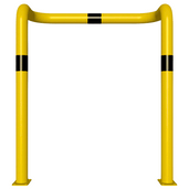 Gele en zwarte stalen kolombeschermer, 1000x1150mm, met 2x 90° hoeken en voetplaten.