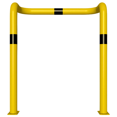 Gele en zwarte stalen kolombeschermer, 1000x1150mm, met 2x 90° hoeken en voetplaten.