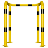 Gele en zwart gestreepte kolombeschermer Ø76 mm, 1000x1150 mm, met 2x 90° hoeken en voetplaten.