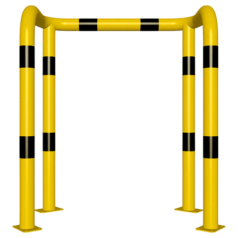 Gele en zwart gestreepte kolombeschermer Ø76 mm, 1000x1150 mm, met 2x 90° hoeken en voetplaten.