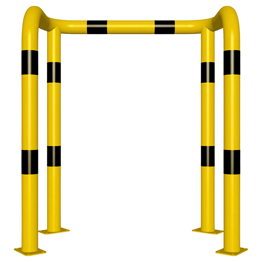 Kolombeschermer Ø76 mm | 2x hoek 90° | Geel-zwart | Op voetplaat