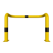 Gele en zwarte stalen kolombeschermer Ø76 mm, 1000x650 mm, met 2x 90° hoeken en voetplaten.