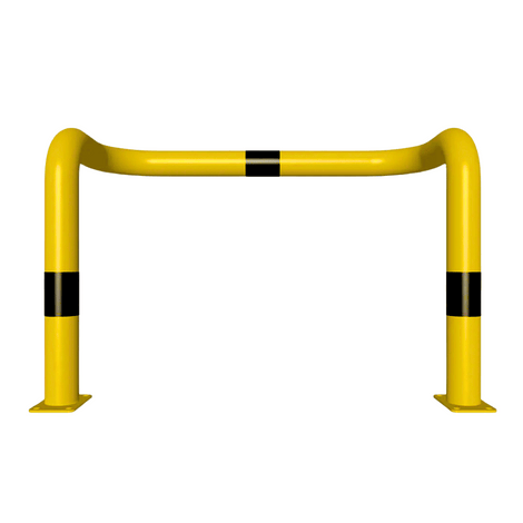 Gele en zwarte stalen kolombeschermer Ø76 mm, 1000x650 mm, met 2x 90° hoeken en voetplaten.