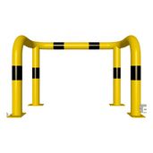 Gele en zwart gestreepte kolombeschermer Ø76 mm, 1000x650 mm, met 2x 90° hoeken op voetplaat.
