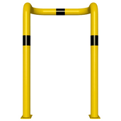 Gele en zwarte stalen kolombeschermer Ø76 mm, 750x1150 mm, met 2x 90° hoeken, op voetplaten.