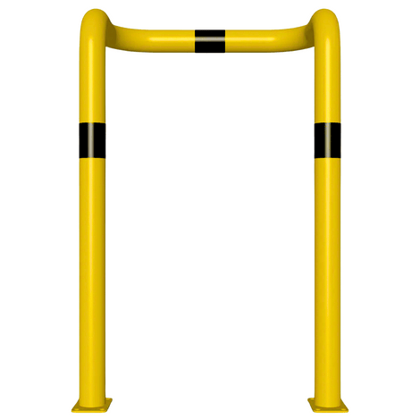 Gele en zwarte stalen kolombeschermer Ø76 mm, 750x1150 mm, met 2x 90° hoeken, op voetplaten.