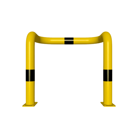 Gele en zwarte Ø76 mm kolombeschermer met 2x 90° hoek, op voetplaat, 750x650 mm.