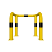 Gele en zwart gestreepte kolombeschermer Ø76 mm met 2x 90° hoeken op voetplaten.