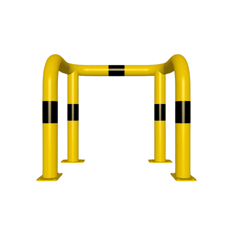 Gele en zwart gestreepte kolombeschermer Ø76 mm met 2x 90° hoeken op voetplaten.