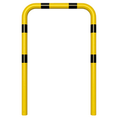 Gele en zwart gestreepte beschermbeugel Ø76 mm, 1000x1500 mm, voor verankering in beton.
