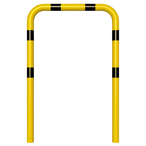 Gele en zwart gestreepte beschermbeugel Ø76 mm, 1000x1500 mm, voor verankering in beton.
