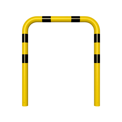 Gele en zwart gestreepte beschermbeugel Ø76 mm, 1000 x 1150 mm, voor betonverankering.