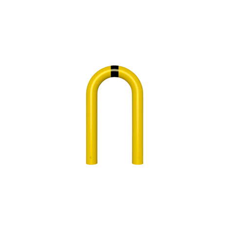Gele stalen beschermbeugel Ø76 mm, 400 x 650 mm, met zwarte markering bovenaan.