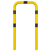 Gele en zwart gestreepte beschermbeugel Ø76 mm, 750 x 1500 mm, voor betonverankering.