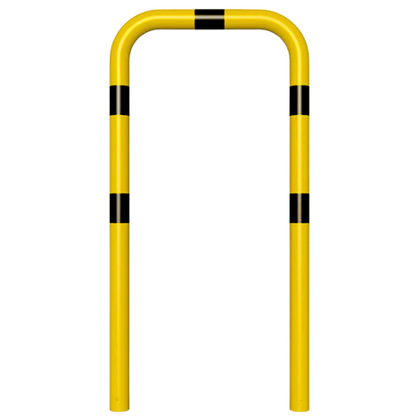 Gele en zwart gestreepte beschermbeugel Ø76 mm, 750 x 1500 mm, voor betonverankering.