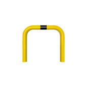 Gele en zwart gestreepte beschermbeugel Ø76 mm, 750 x 650 mm, voor betonverankering.