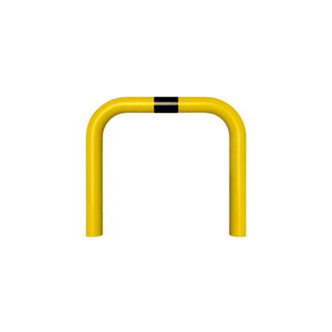 Gele en zwart gestreepte beschermbeugel Ø76 mm, 750 x 650 mm, voor betonverankering.