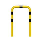 Gele en zwart gestreepte beschermbeugel Ø76 mm, 750 x 1150 mm, voor betonverankering.