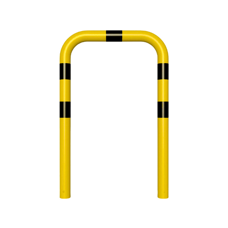 Gele en zwart gestreepte beschermbeugel Ø76 mm, 750 x 1150 mm, voor betonverankering.