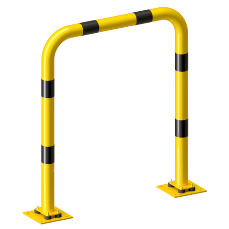 Gele-zwarte beschermbeugel Ø76 mm, 1000x1150 mm, op flexibele voetplaat.