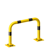 Gele en zwarte beschermbeugel Ø76 mm, 1000x650 mm, op flexibele voetplaat.