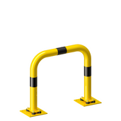 Gele en zwart gestreepte beschermbeugel Ø76 mm, 750x650 mm, op flexibele voetplaat.