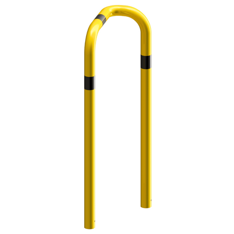 Gele stalen hoekbeschermer Ø76 mm, 90° bocht, met zwarte markeringen, voor betonverankering.