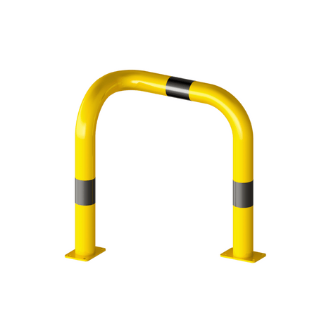 Gele stelling bescherming Ø76 mm, 90° hoek, met zwarte reflecterende strepen en voetplaten.