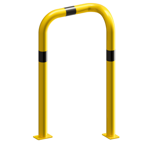 Gele stelling bescherming Ø76 mm, 90° hoek, met zwarte strepen en voetplaten, 350x600x1150 mm.