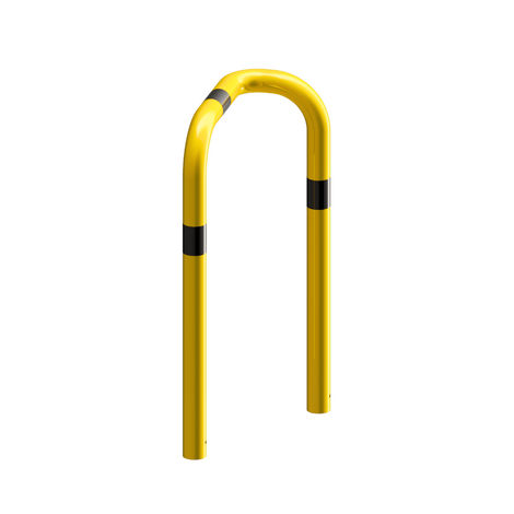 Gele stalen hoekbeschermer Ø76 mm, 90° gebogen, met zwarte markeringen, voor betonverankering.