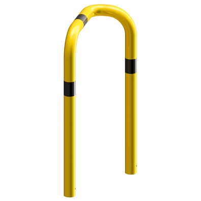 Gele hoekbeschermer Ø76 mm met zwarte markeringen, 90° gebogen, voor betonverankering.