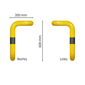 Gele hoekbeschermer Ø76 mm met zwarte band, 90° gebogen, 600x350 mm, voor betonverankering.
